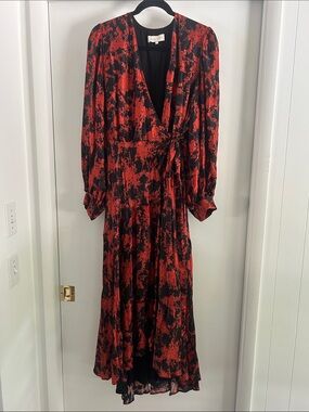 Anthropologie Caballero Red and Black Printed Wrap Maxi Dress Size L